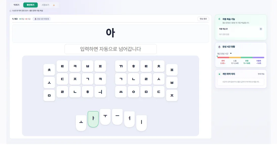 자바코치 기본 자리연습 화면. 글자 하나가 크게 뜨고 아래 속기 키보드 자리에서 눌러야 할 키가 표시되며, 오른쪽에 자동 복습과 완성 시간 현황이 보인다.