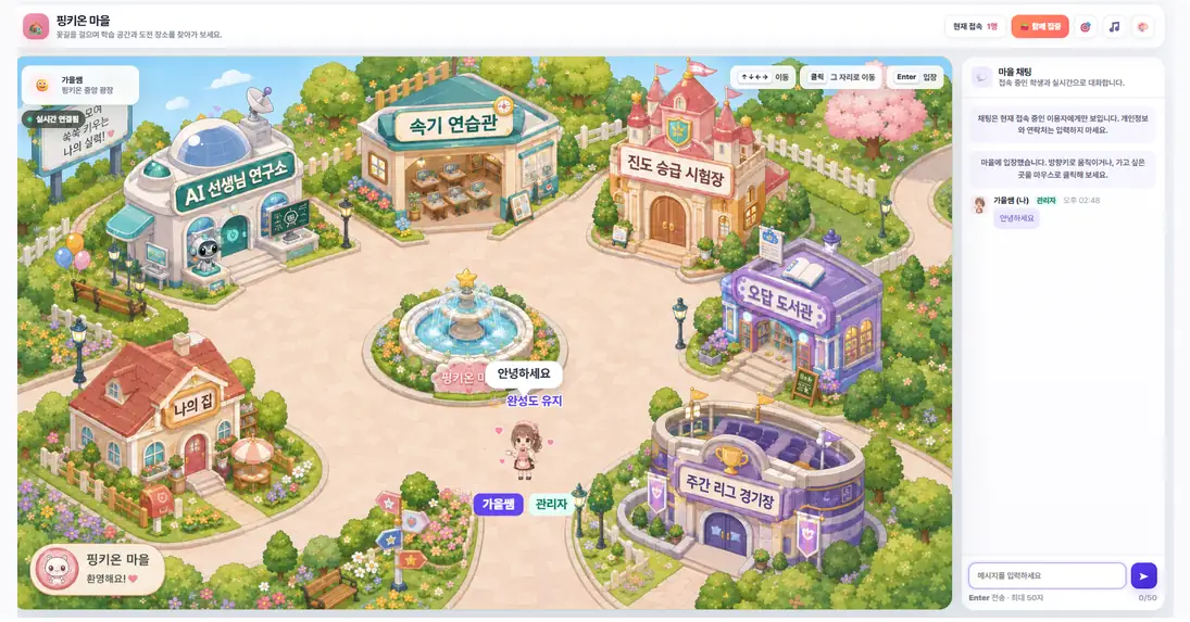 자바코치 핑키온 마을 화면. 광장을 중심으로 AI 선생님 연구소, 속기 연습관, 진도 승급 시험장, 오답 도서관, 주간 리그 경기장 건물이 있고 오른쪽에 마을 채팅이 보인다.